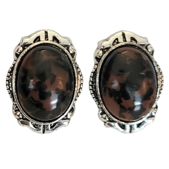 1928 Brand Faux Mahogany Jasper Lucite Cab Clip On Earrings K153 - Picture 2 of 10